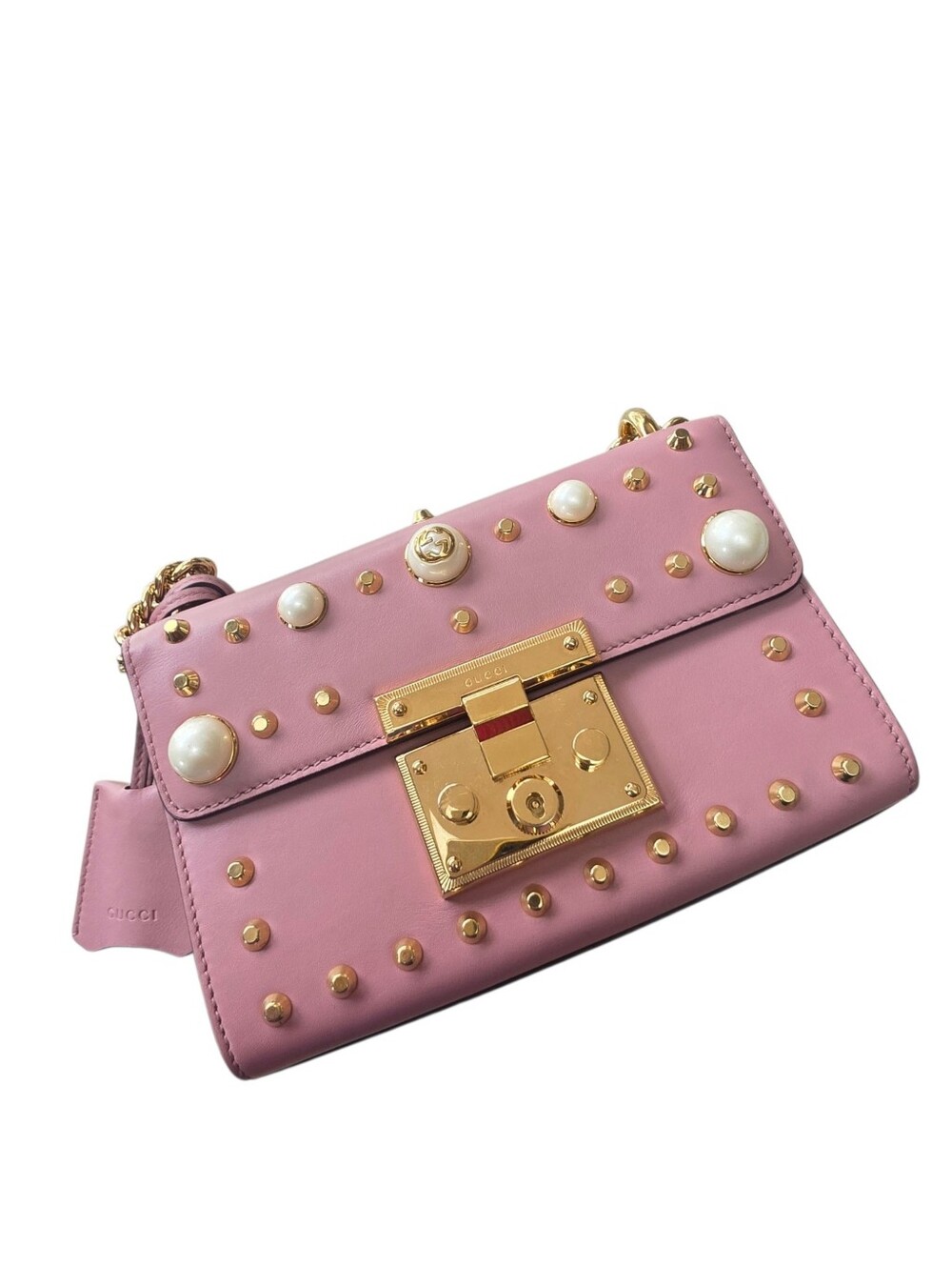 Gucci Padlock Pearl Stud Pink Leather Shoulder Bag Authentic